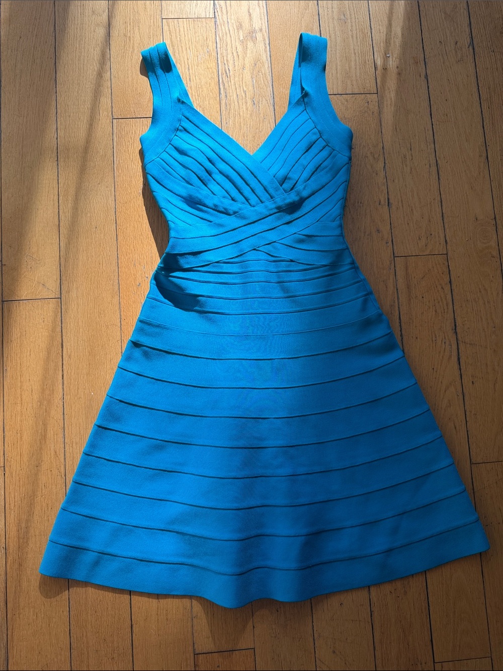 Sleeveless Teal Fit-and-Flare Turquoise Blue Herve Leger Bandage Dress